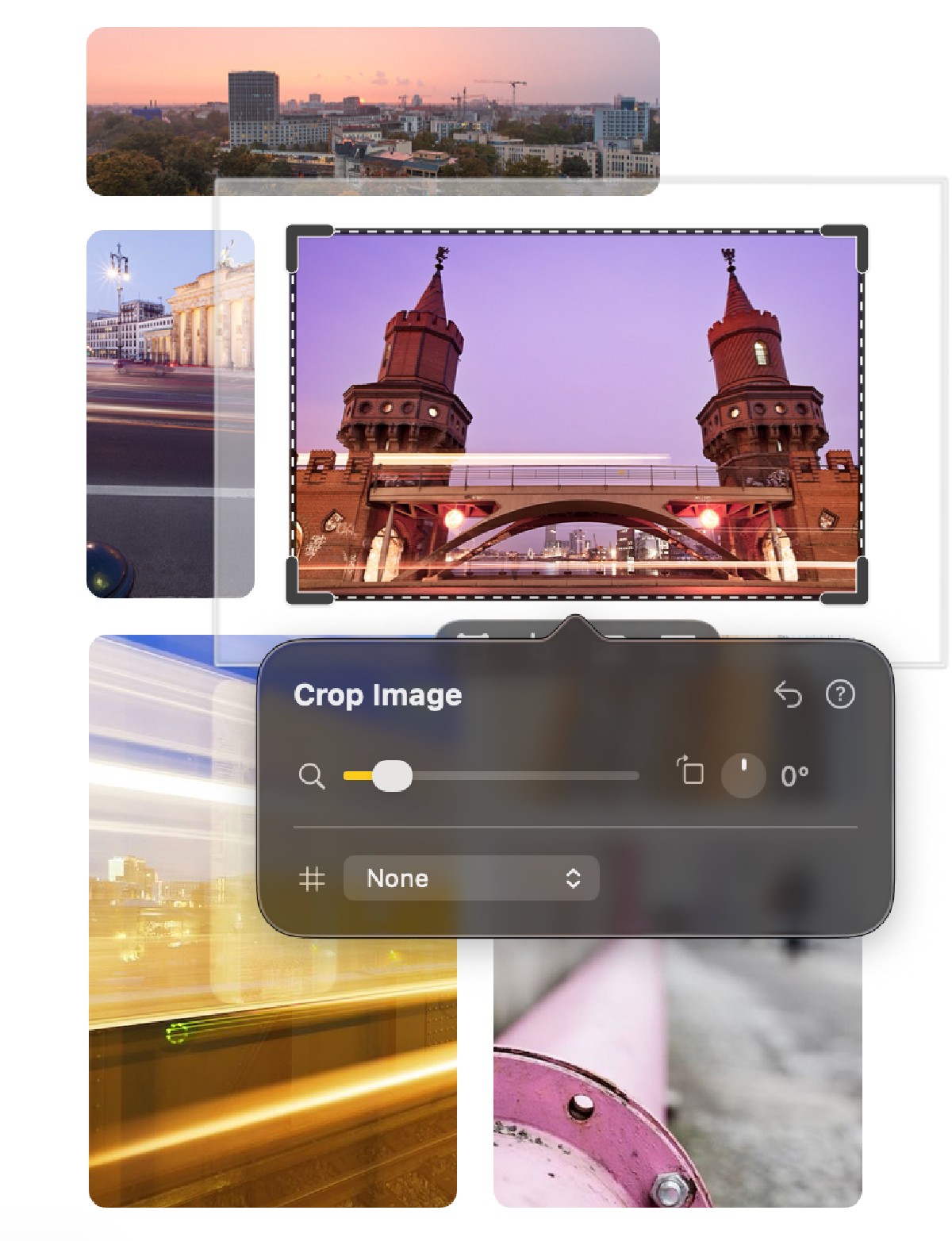 The in-place crop interaction on the Canvas, with the Crop Image popover next to the selected frame