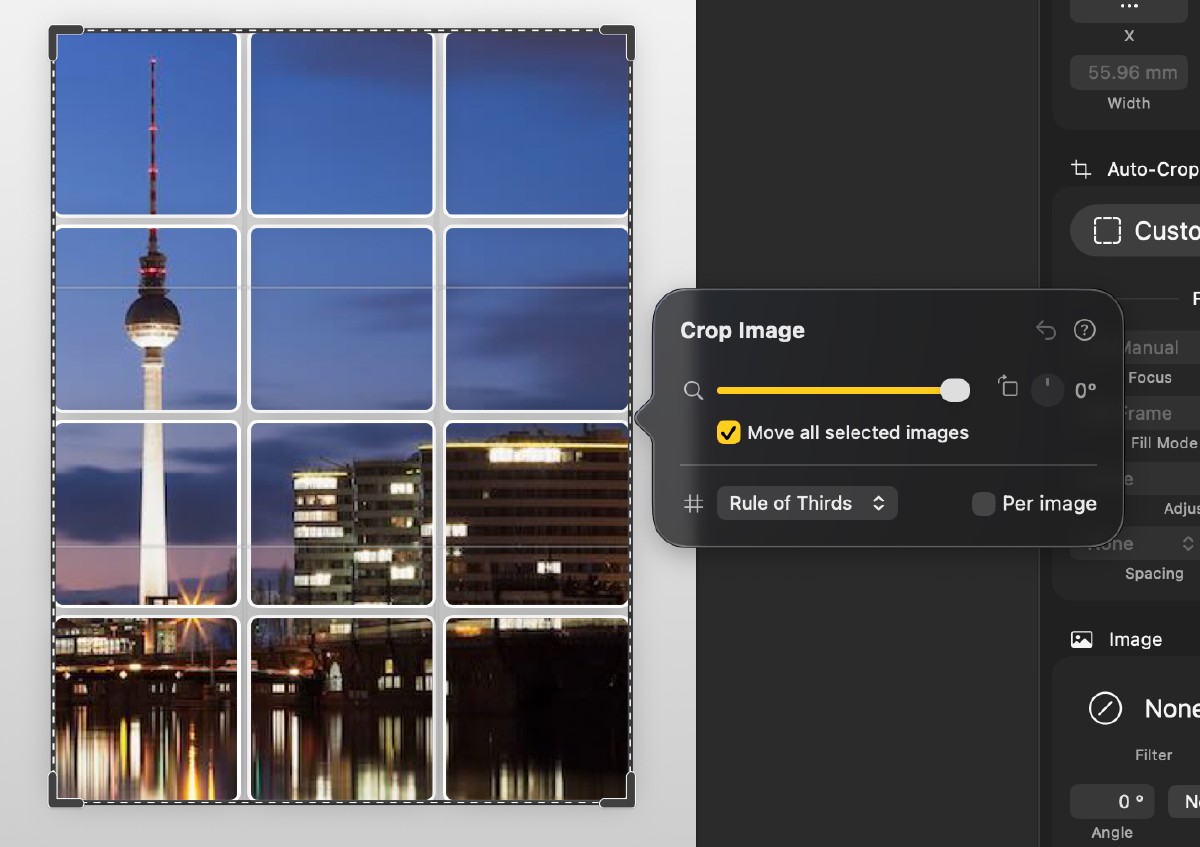 Cropping a Mosaic-Crop in place: the Crop Image popover with Move selection enabled, repositioning the photo across all frames at once